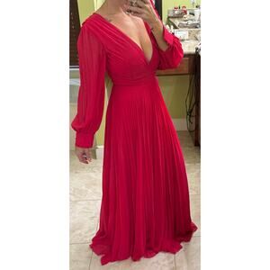 Badgley Mischka Plisse pleated chiffon formal gown ($795) Pink long sleeve 2